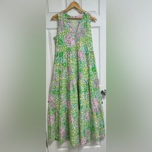 Lilly Pulitzer Green and Pink Floral Sleeveless Tiered Maxi Dress
